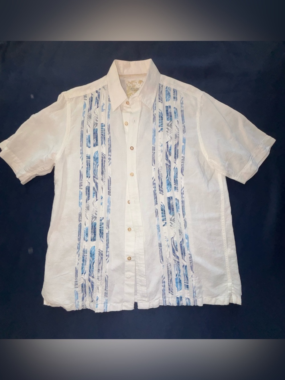 TASSO ELBA ISLAND White, Blue Stripes Linen Blend Short Sleeve Men’s Shirt Size